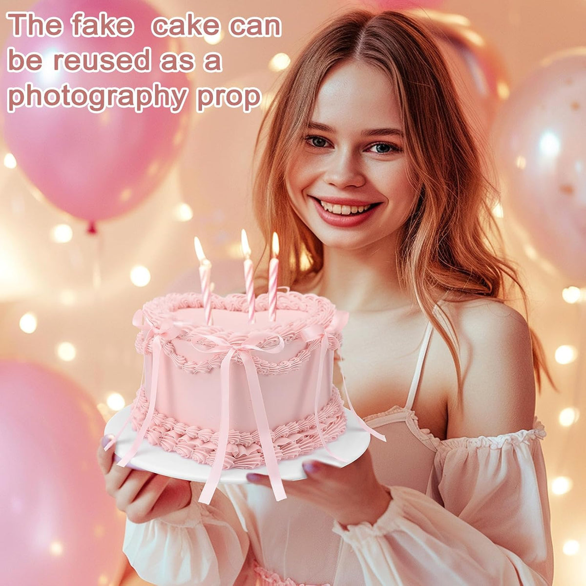 Remerry 6 Inch Pink Bow Fake Cake Coquettish Birthday Fake Cake Decor Wedding Dessert Props Reusable Artificial Heart Dessert for Props Women Birthday Gift Anniversary Party Decor
