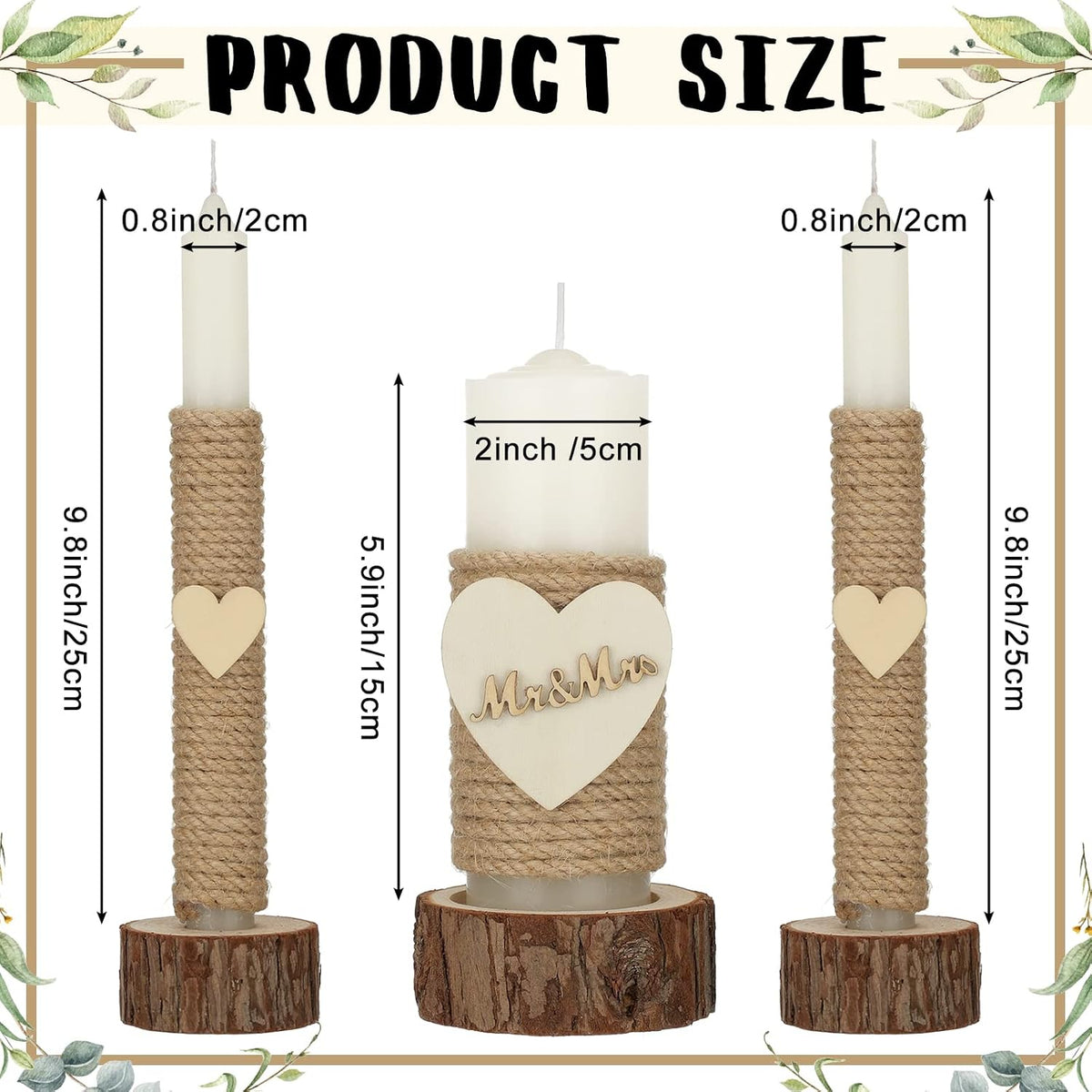 Amyhill 3 Pcs Rustic Unity Candles for Wedding Ceremony Set Mr and Mrs Burlap 1(5.9'') Pillar 2(9.8'') Taper Candles for Weddings Ceremony Events Decor Emergency Lighting(Romantic Style)