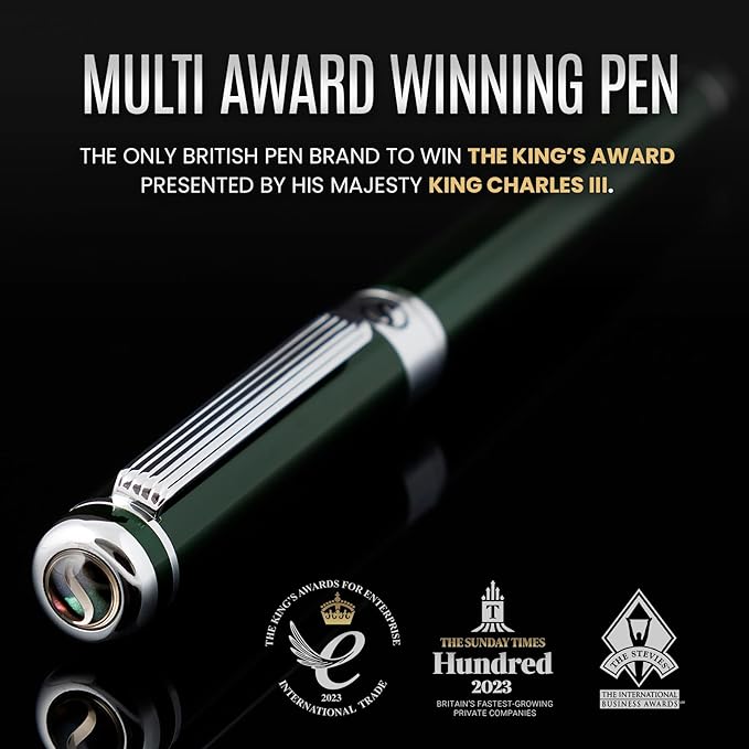 Scriveiner British Racing Green Fountain Pen - Stunning Luxury Pen with Chrome Finish, Schmidt Nib (Medium), Best Pen Gift Set for Men & Women, Professional, Executive, Office, Nice Pens