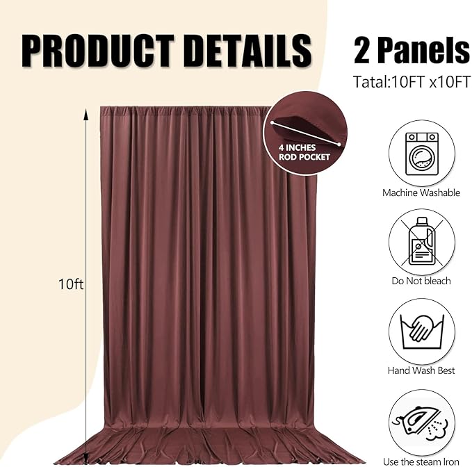 10ft x 10ft Red Brown Backdrop Curtains for Parties, Fabric Satin Background Curtain with Rod Pockets for Weddings, Birthday, Baby Shower, Photography, Graduation Party Backdrop Drapes, 2 Panels