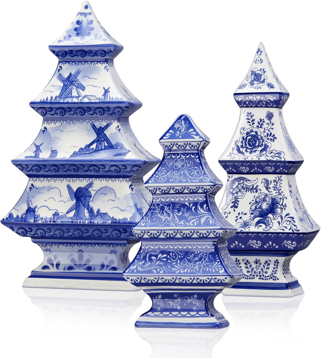 Soaoo 3 Pcs Blue and White Christmas Ceramic Figurines Decor, Xmas Tree