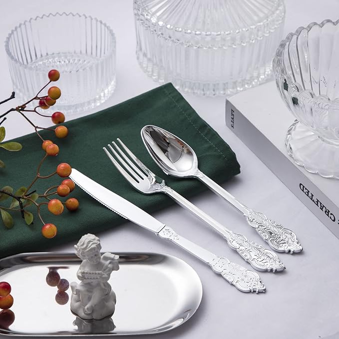 BUCLA 600PCS Silver Plastic Silverware - Heavy Duty Disposable Plastic Cutlery - Include 200 Forks, 200 Spoons, 200 Knives in Silver for Parties, Weddings & Christmas