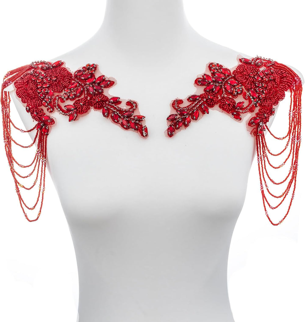 Pair Epaulettes Shoulder Patches for Dress,Beaded Rhinestones Appliques Embel...