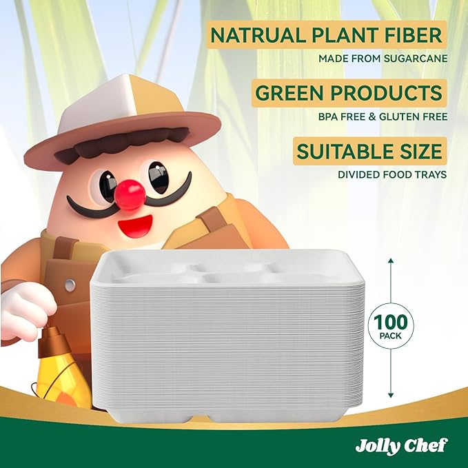 JOLLY CHEF Compostable 𝟱 Compartment Paper Plates 𝟭𝟭 * 𝟴 𝗶𝗻𝗰𝗵 [𝟭𝟬𝟬 𝗣𝗮𝗰𝗸] Heavy Duty White Divided Disposable Plate Eco-Friendly Biodegradable Containers Food Tray for Party Lunch Buffet (100 Pack)