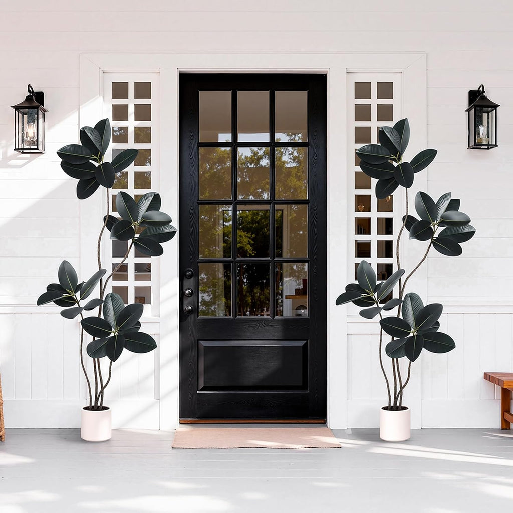 Artificial Rubber Tree 6FT Tall Faux Plants Indoor Artificial Trees Potted - Fake Tree with White Planter Large Floor Plant for Home Office Room Outdoor Decor