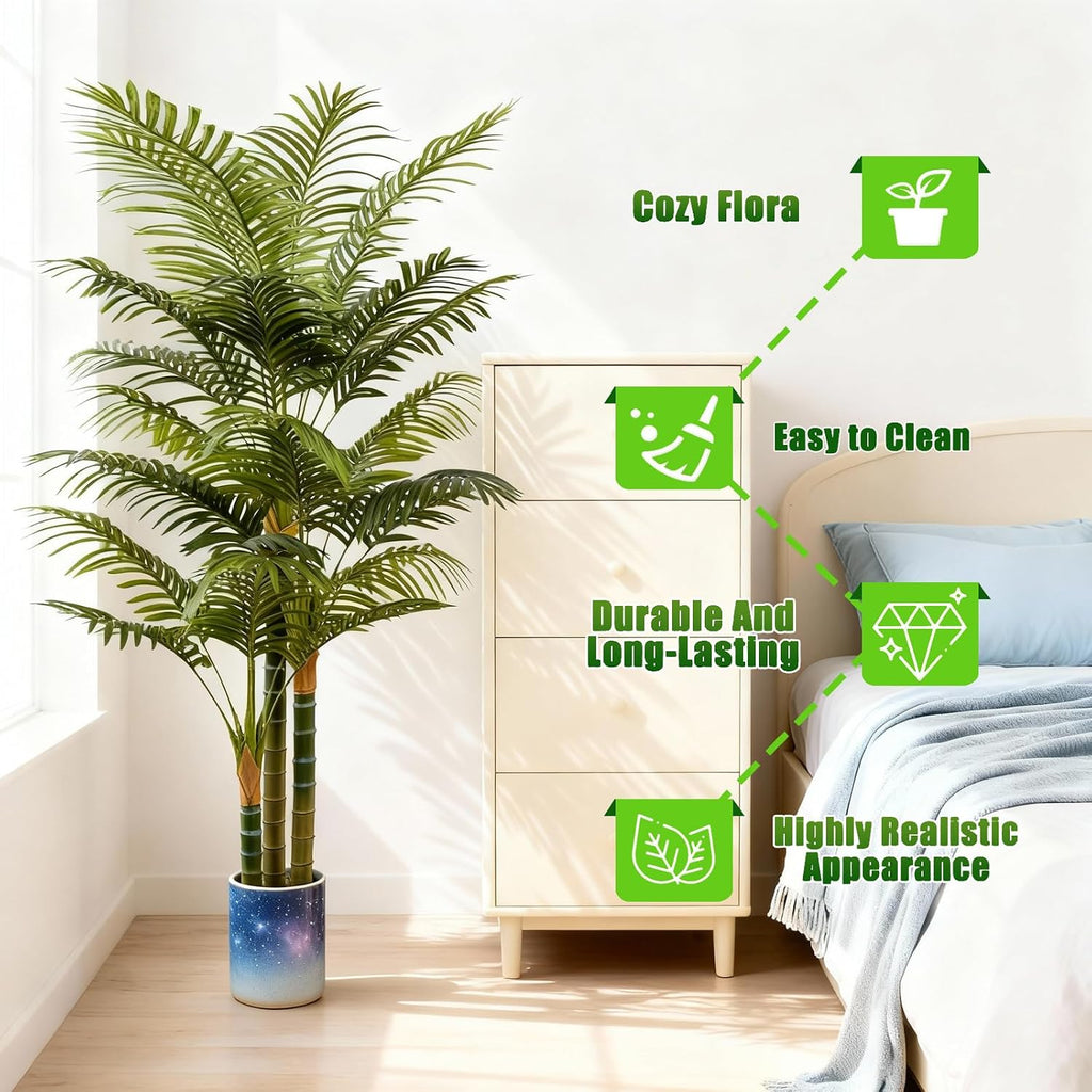 6FT Tall Golden Cane Artificial Palm Tree, Large Faux Palm Tree with 3 Textured Trunks, Outdoor Artificial Plants, Fake Tree for Indoor Office Living Room Outside Patio.