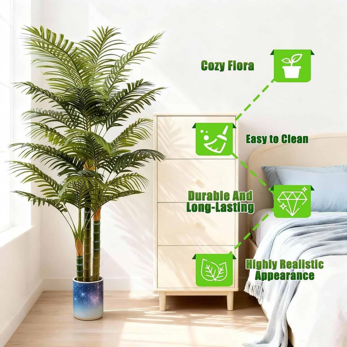 6FT Tall Golden Cane Artificial Palm Tree, Large Faux Palm Tree with 3 Textured Trunks, Outdoor Artificial Plants, Fake Tree for Indoor Office Living Room Outside Patio.