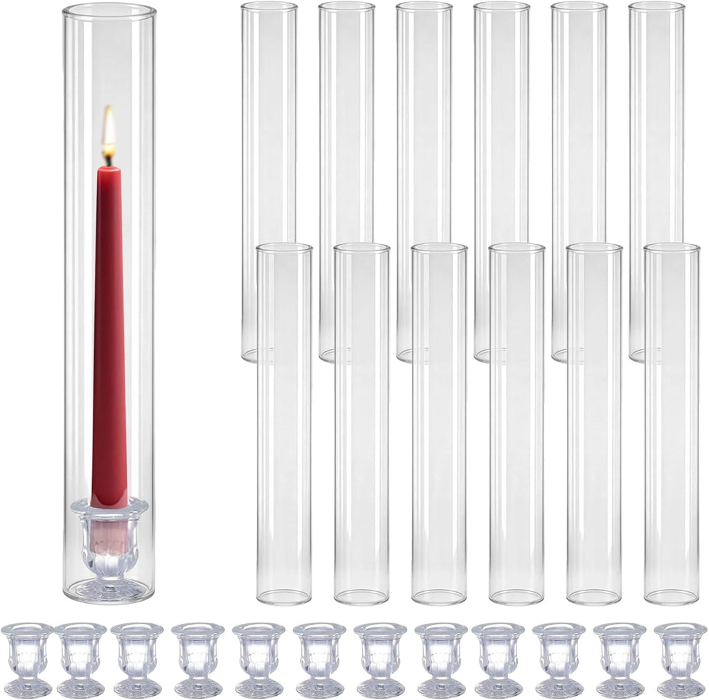 Glass Hurricane Candle Holders – 12 Clear Cylinder Covers & 12 Taper Candlestick Holders, 2.6" D x 13.8" H Windproof Candle Holders for Wedding, Patio Table, Outdoor Christmas Party Décor (12) (12 Pack)