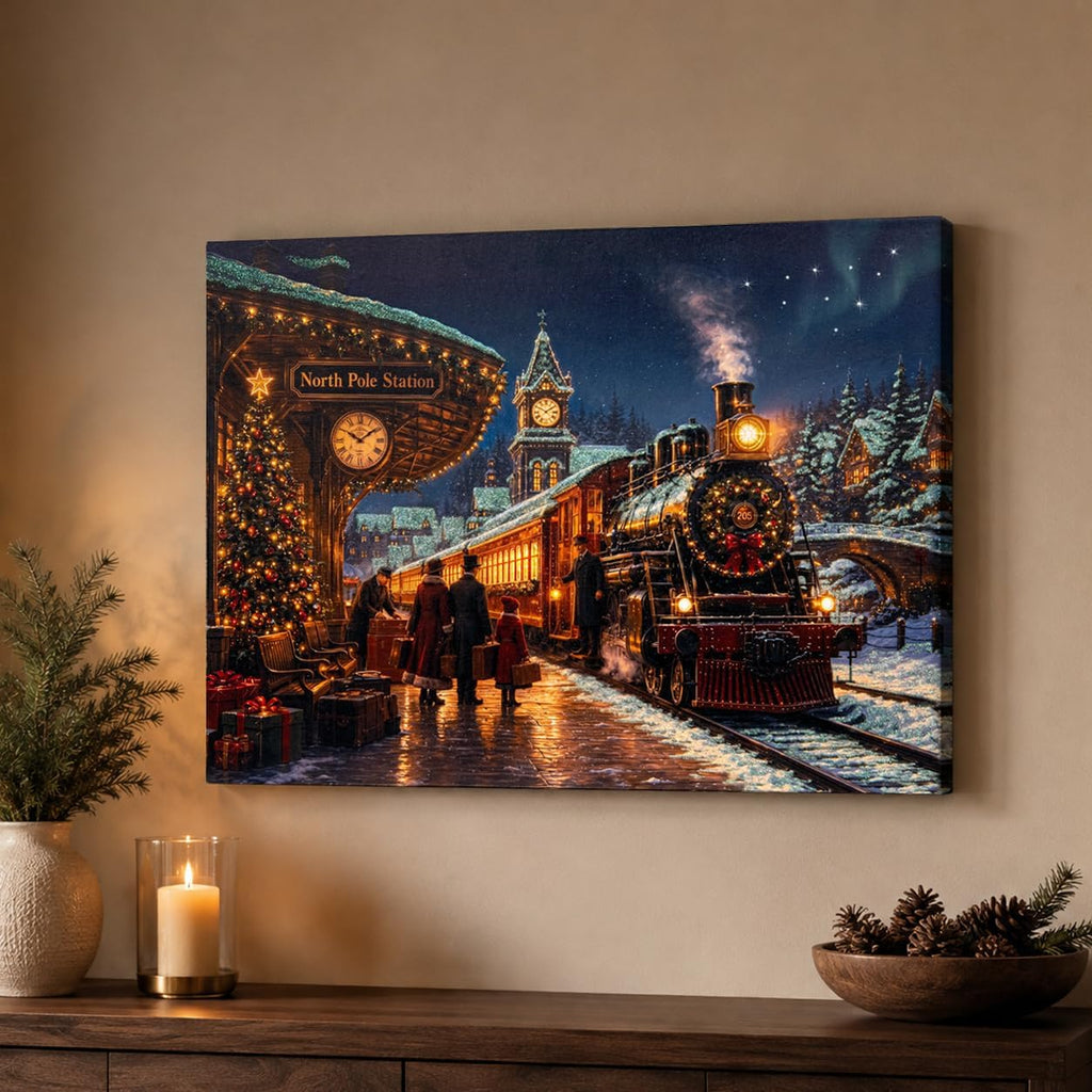 Christmas Lighted Canvas Wall Art, North Pole Train Decor, 24x18 in