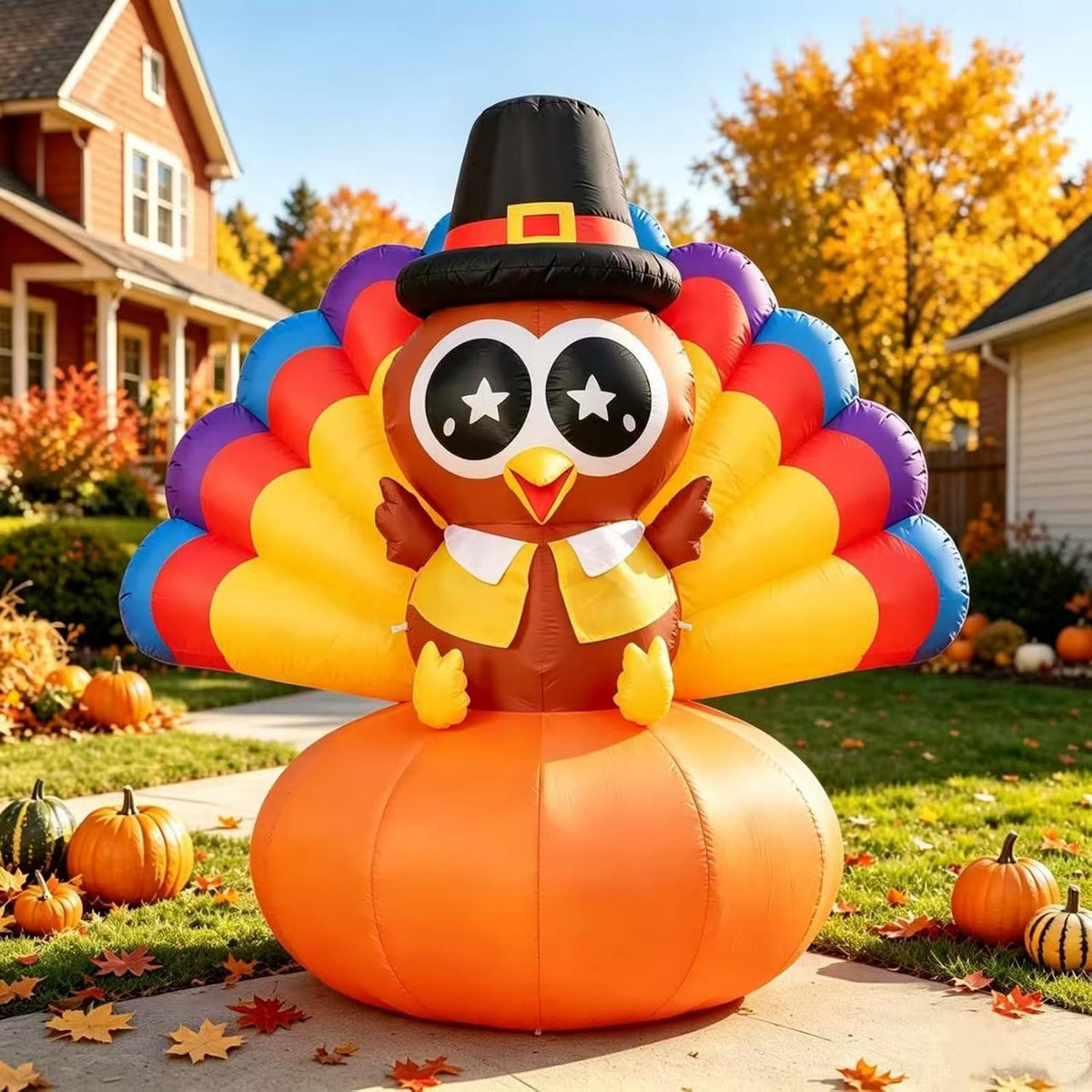 6.5FT Thanksgiving Inflatable Turkey with Pumpkin, Outdoor Fall Decoration