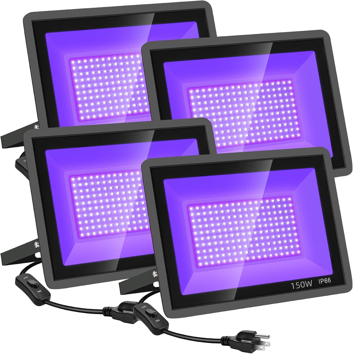 YANYCN 4 Pack 150W LED Black Lights, Blacklight Flood Light Outdoor with Plug and Switch, IP66 Waterproof for Dance Party, Glow in The Dark, Halloween Lights, Body Paint, Fluorescent Poster