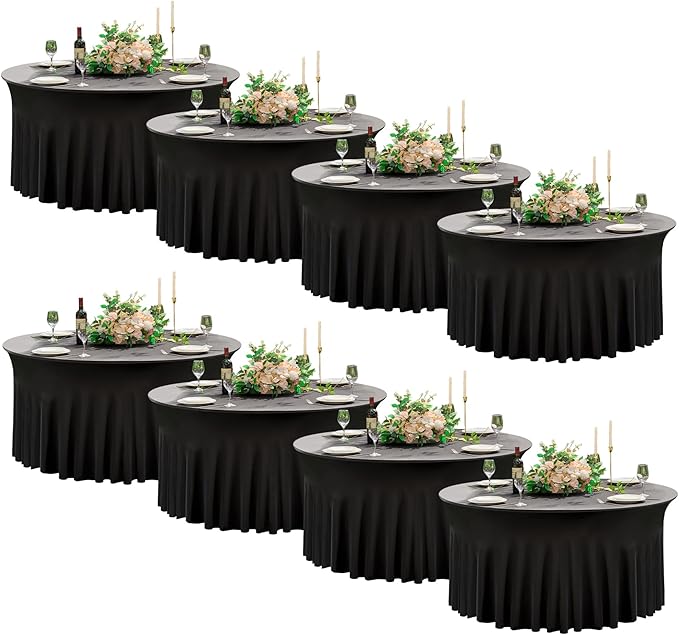 8 Pack Black Round Spandex Tablecloth 60 Inch, Wrinkle Free Stretch 120 Inch Fitted 5ft Black Table Cloths Round Table Covers with Ruffle Skirt for Graduation Wedding Party Banquet