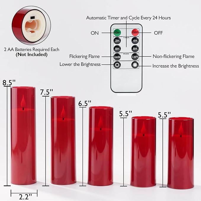 Amagic Red Flameless Candles with Remote, Battery Operated Candles with Timer, Acrylic Flickering LED Candles for Christmas Decor, 3D Wick, Warm Yellow Glow, D2.2 xH5 5" 6" 7" 8", Set of 5
