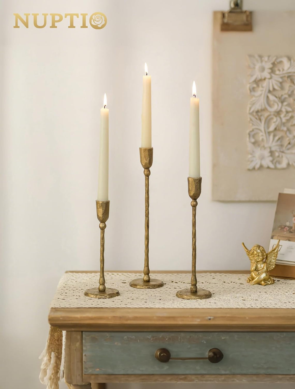 NUPTIO Iron Taper Candle Holders: Antique Brass Candlestick Holder Set of 3