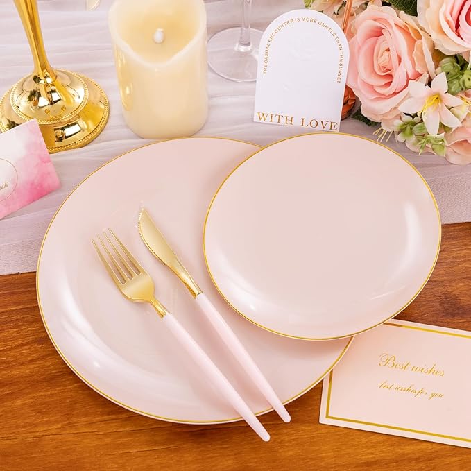 Liacere 150PCS Plastic Plates-Gold Plastic Silverware with Pink Handle - Pink Disposable Plates Include 30 Guests Plates, Forks, Spoons, Knives for Wedding ＆ Easter Day ＆Mother's Day