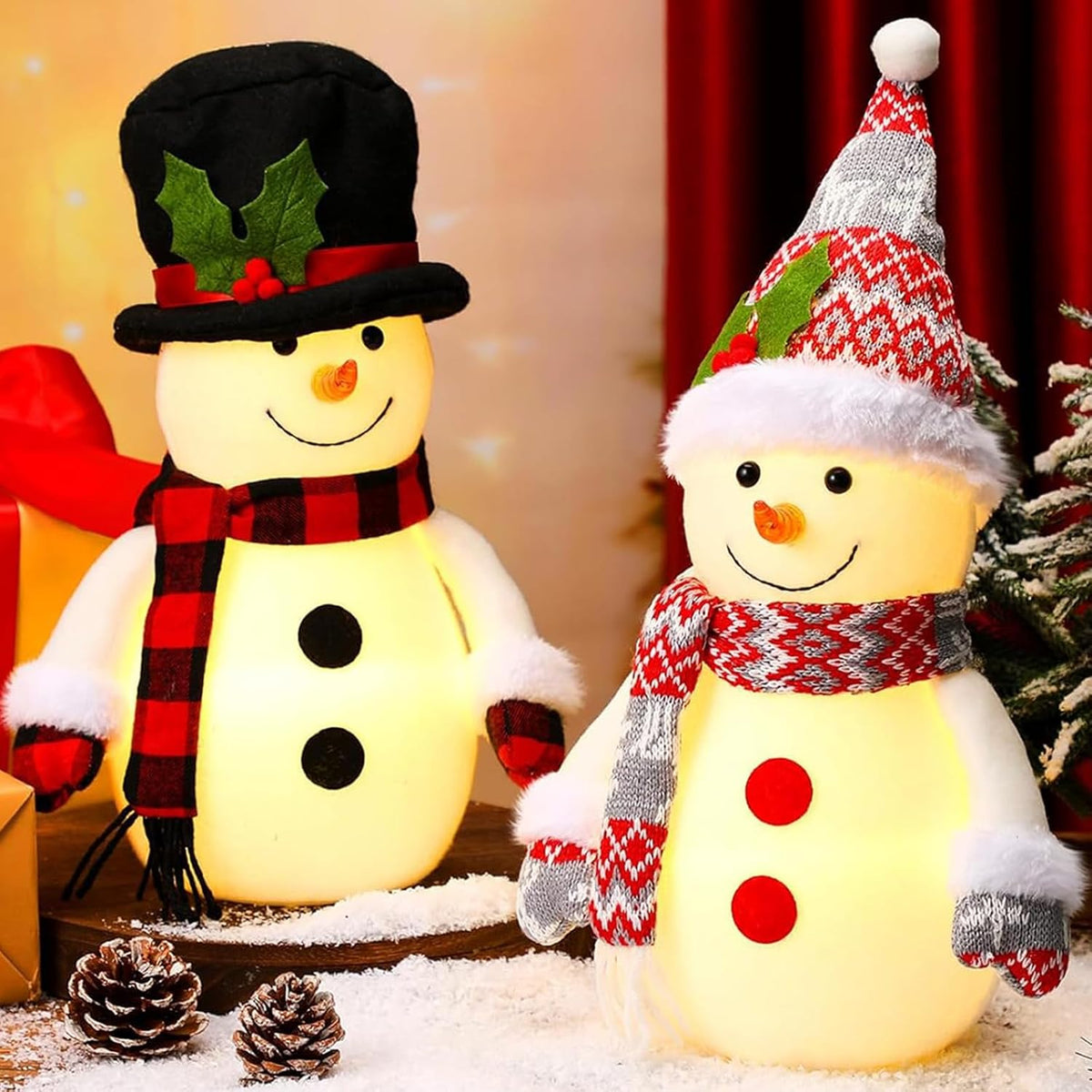 Yalikop Set of 2 Christmas Lighted Snowman 12 Inch Table Decorations LED Light Snowman Red and Black Checkered Tabletop Figurine Xmas Decor for Home Holiday Party
