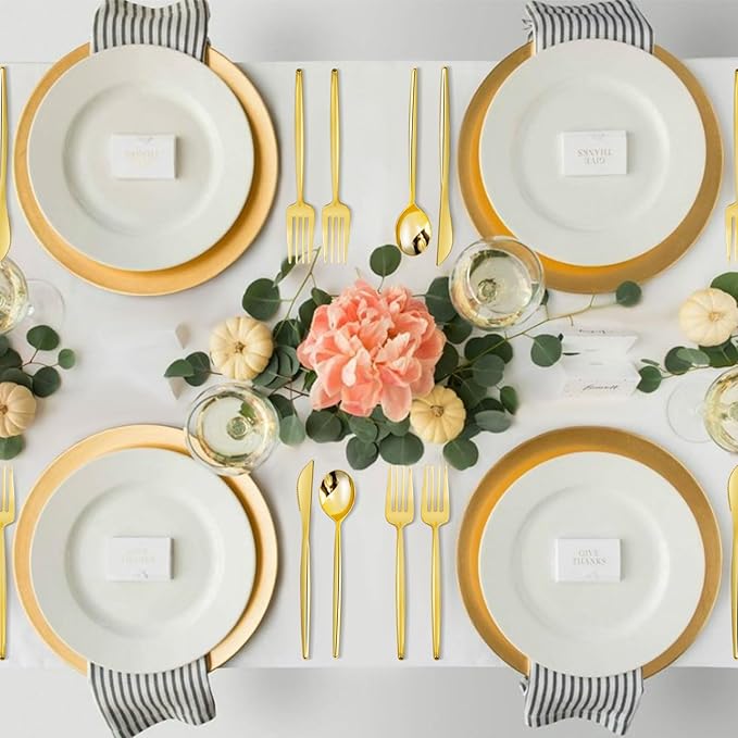 SUT 150PCS Gold Plastic Silverware, Plastic Utensils,Gold Silverware Disposable,Disposable Utensils Heavy Duty,Plastic Cutlery Set,Includes:50 Knives, Forks and Spoons for Party, Birthday,Wedding