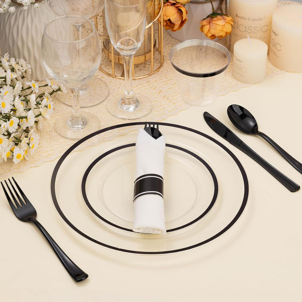 BESTSTAR 350 PCS Clear and Black Disposable Plastic Plate Set for 50 Guests