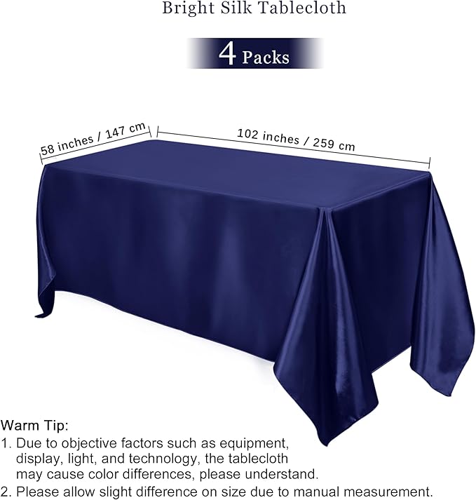 TURSTIN 4 Packs Satin Tablecloth 102 x 58 Inch Overlay Satin Table Cover Rectangle Bright Silk Tablecloth Smooth Fabric Table Decoration for Wedding Banquet Party Events, Navy Blue