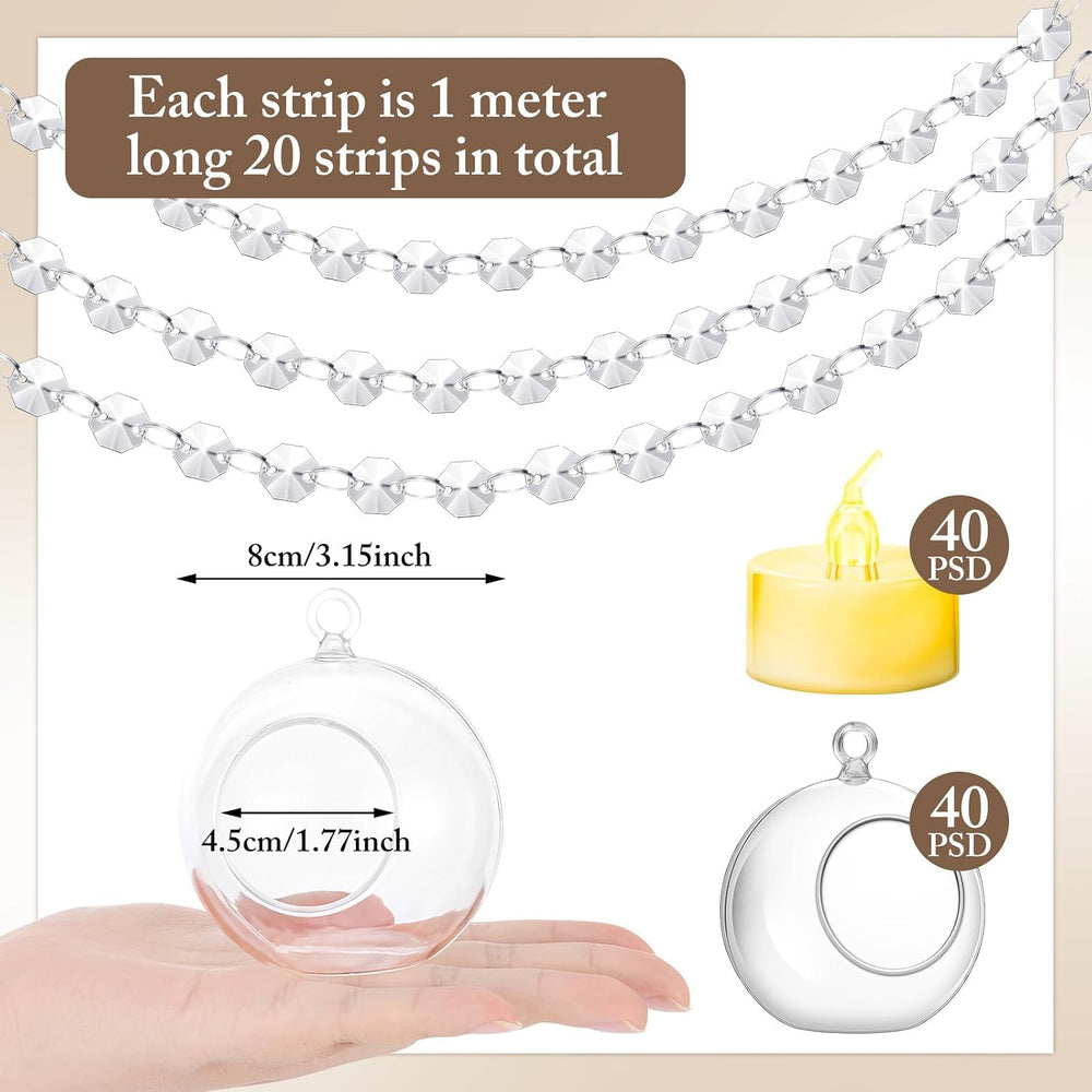 Booson 100 Pcs Hanging Candle Holder Glass Globes Orbs with Crystal 3.15'...