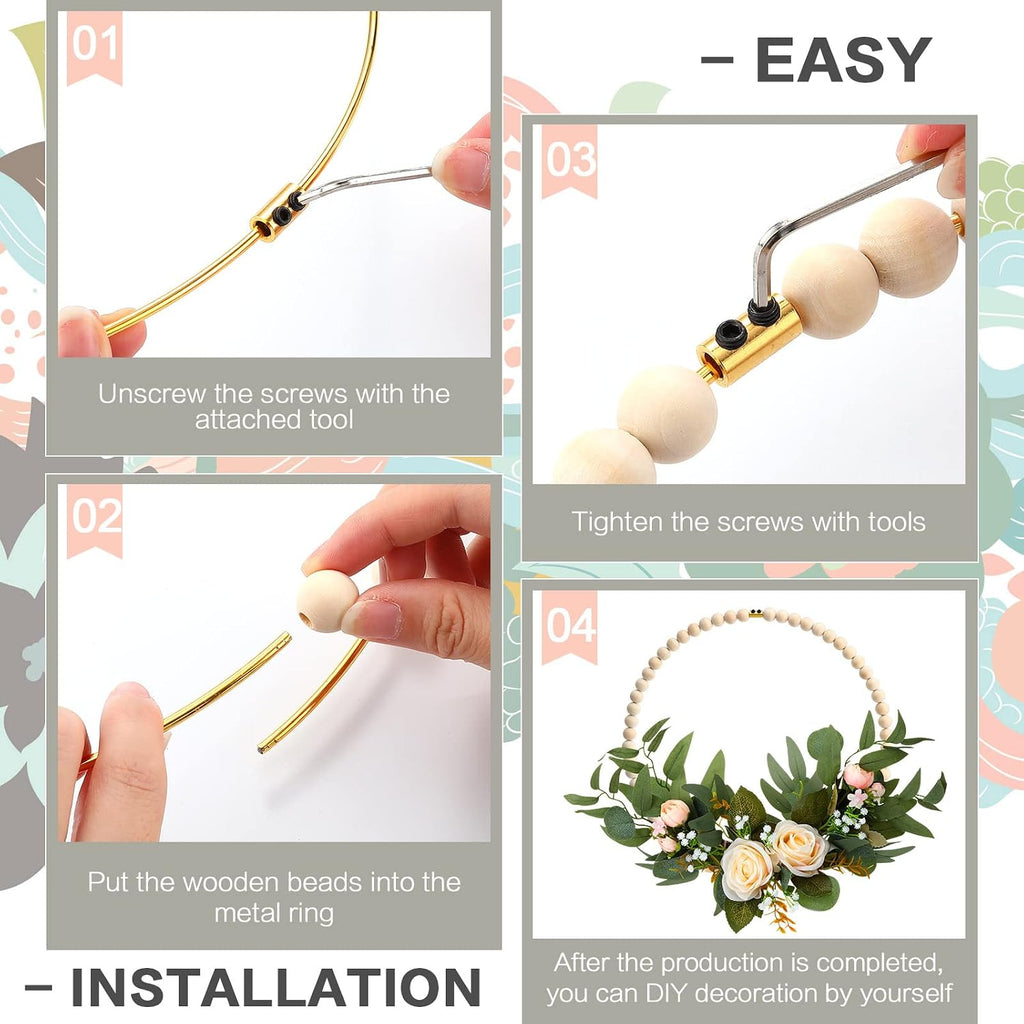 huquary 10 sets wood bead wreath 12 inch, close-up detail