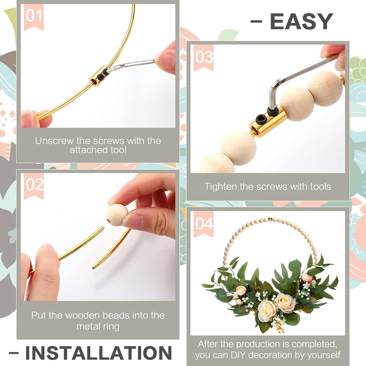huquary 10 sets wood bead wreath 12 inch, close-up detail