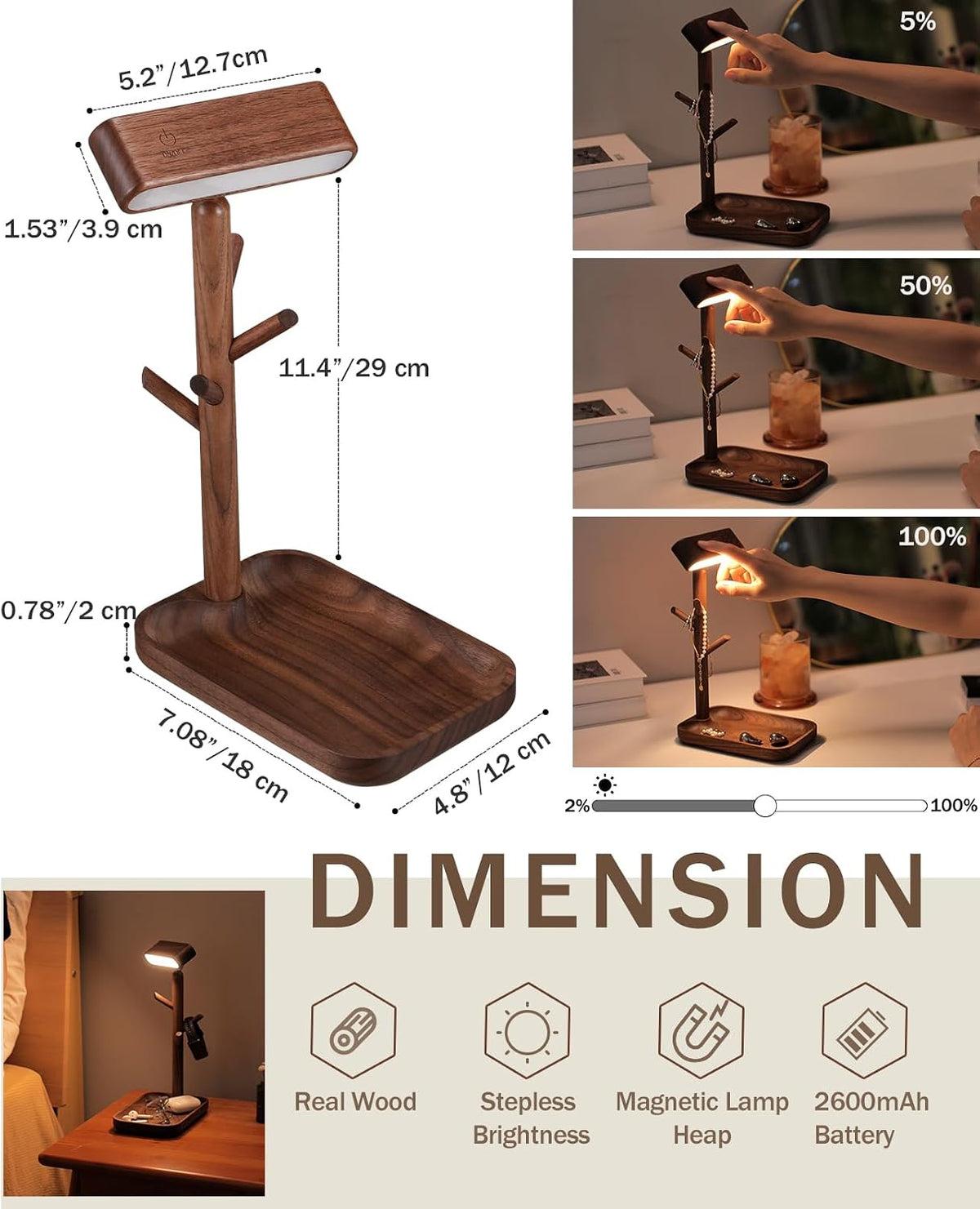 rechargeable table lamp, unique wooden bedside lamp with shown in use