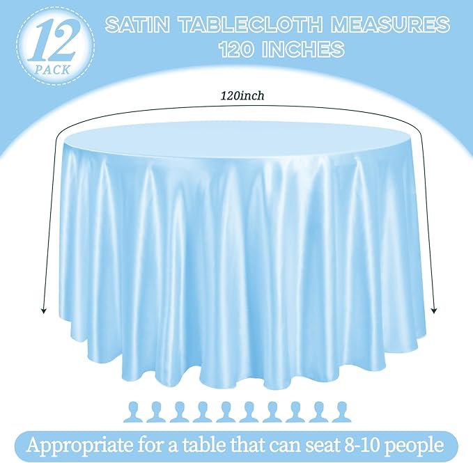 fani 12 Pack 120 Inch Light Blue Satin Tablecloth - Silky Round Tablecloth Overlay Smooth Fabric Table Cover, Bright Table Decoration for Wedding Party Banquet Events Restaurant Kitchen Dining
