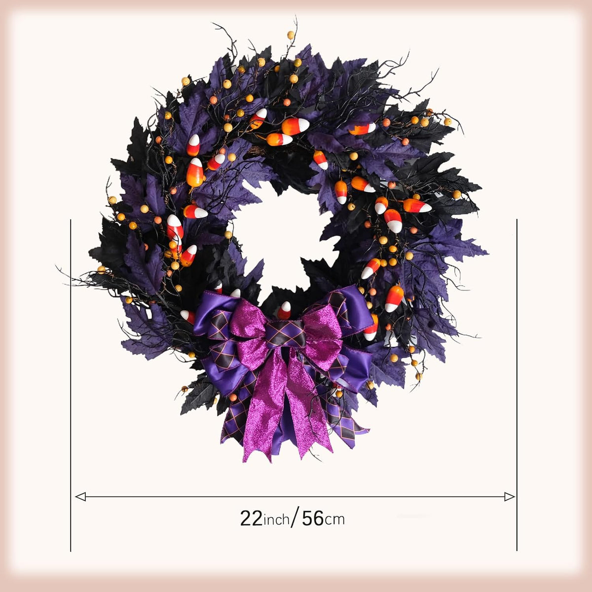 idyllic 22 inches halloween door wreath, black halloween, close-up detail