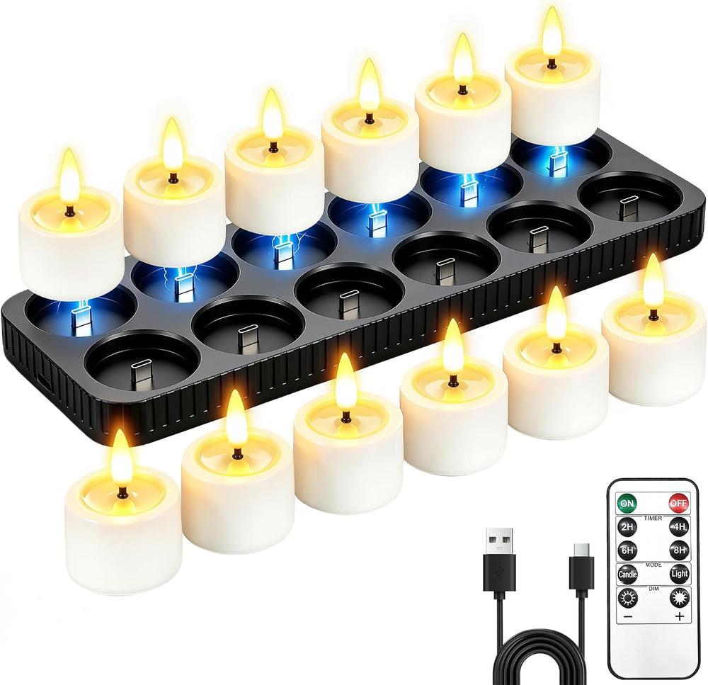 12 Pack Rechargeable Tea Lights Candles with Charging Base & Remote Timer