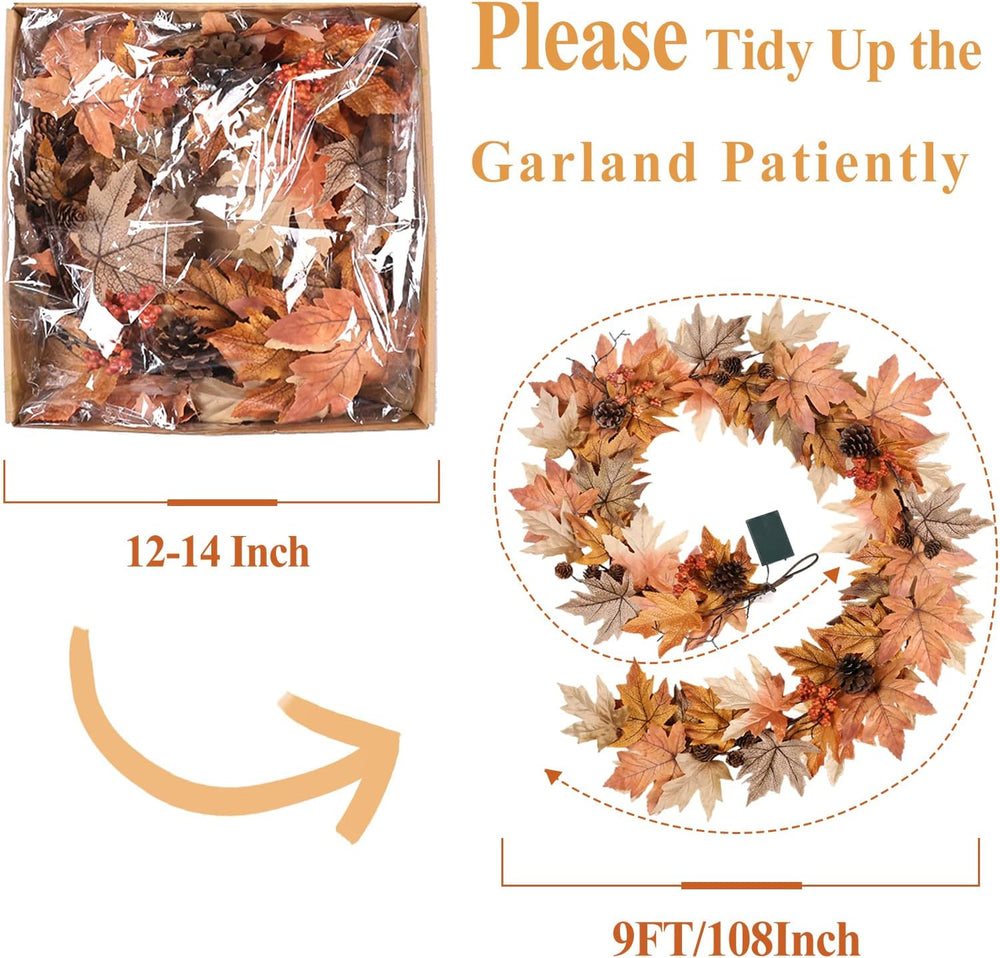 9 FT Lighted Fall Garland with Lights Autumn Automatic ON/Off Timer