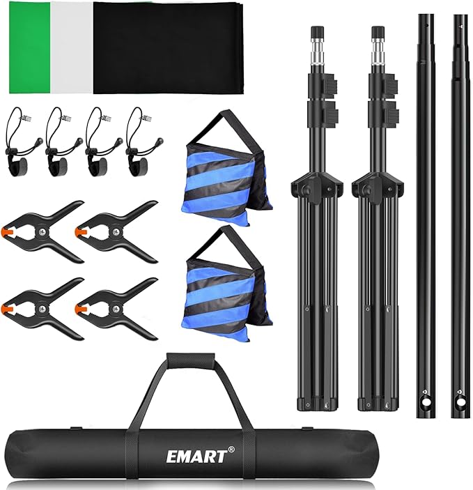 EMART Photo Video Studio Backdrop Stand Kit, 7×10ft Adjustable Photography Support System with Polyester Background(Black/White/Green Screen), Spring Clamps and Carry Bag for Photoshoot (3Pcs)