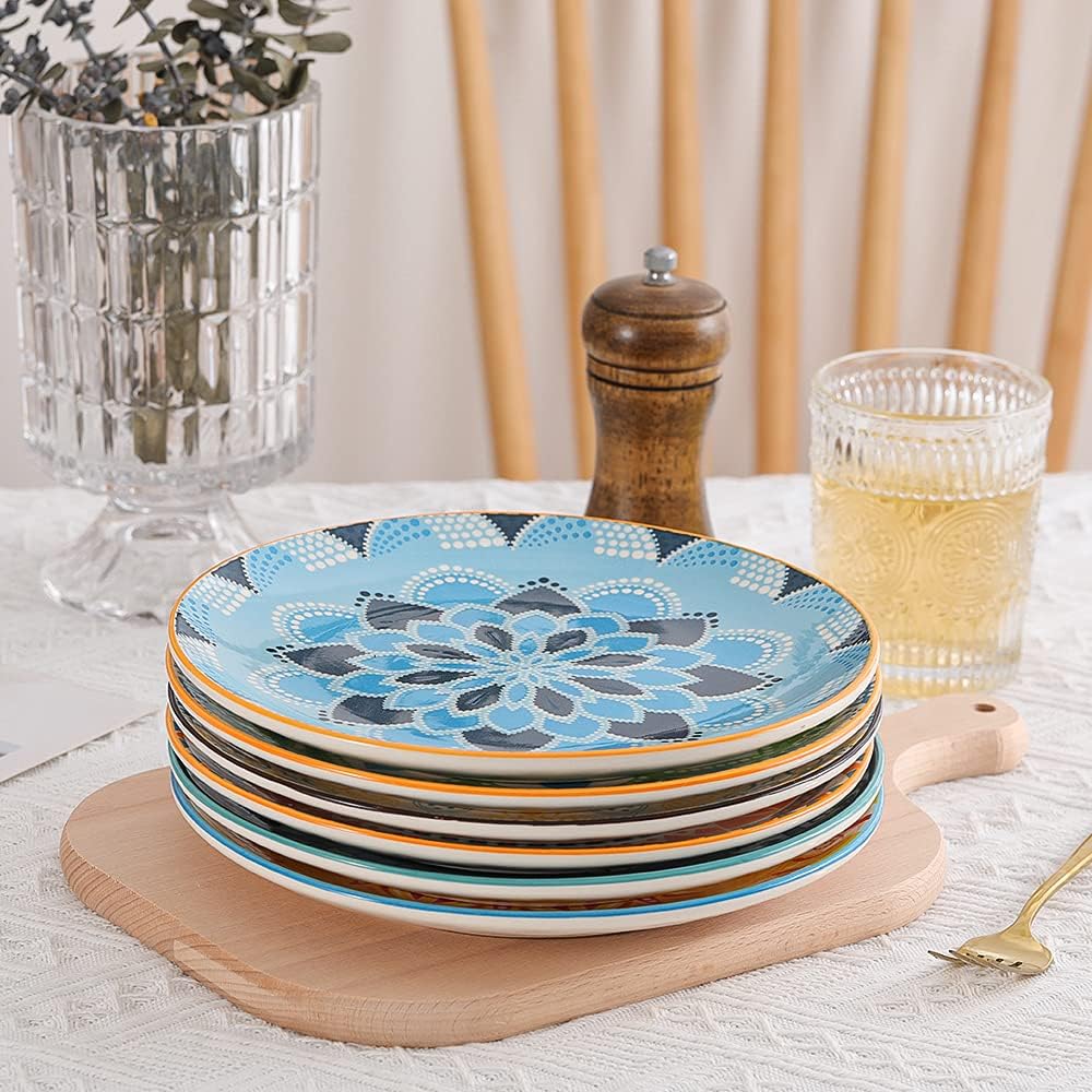Dessert Plate Set of 6-8 Inch Ceramic Salad and Appetizer Plates - Vibrant Mi...
