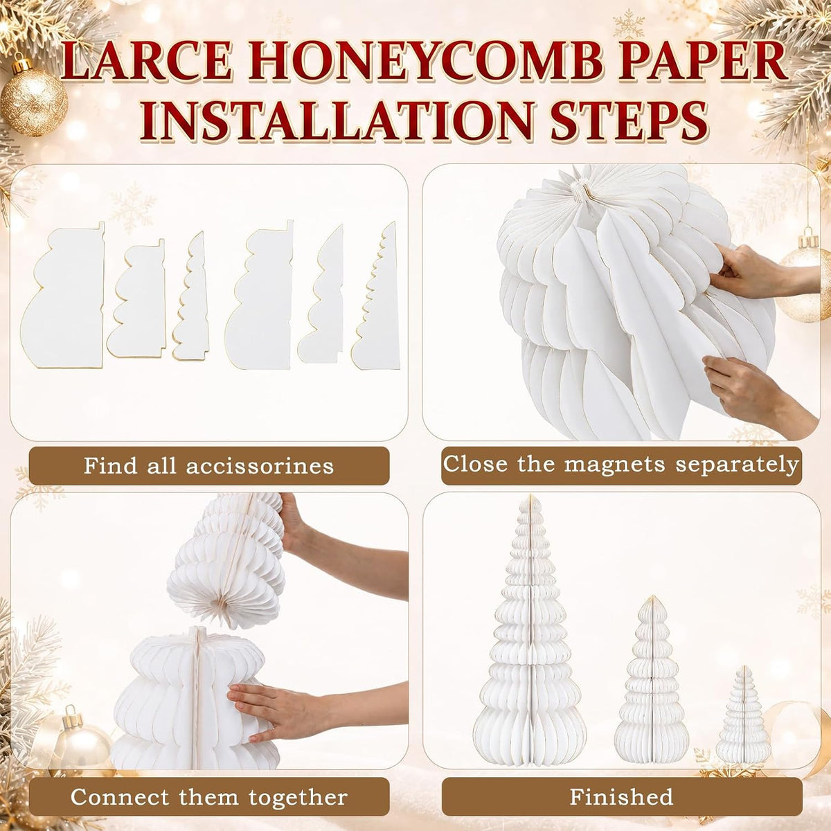GlikCeil 3 Set Large Honeycomb Paper Christmas Tree Tall, White