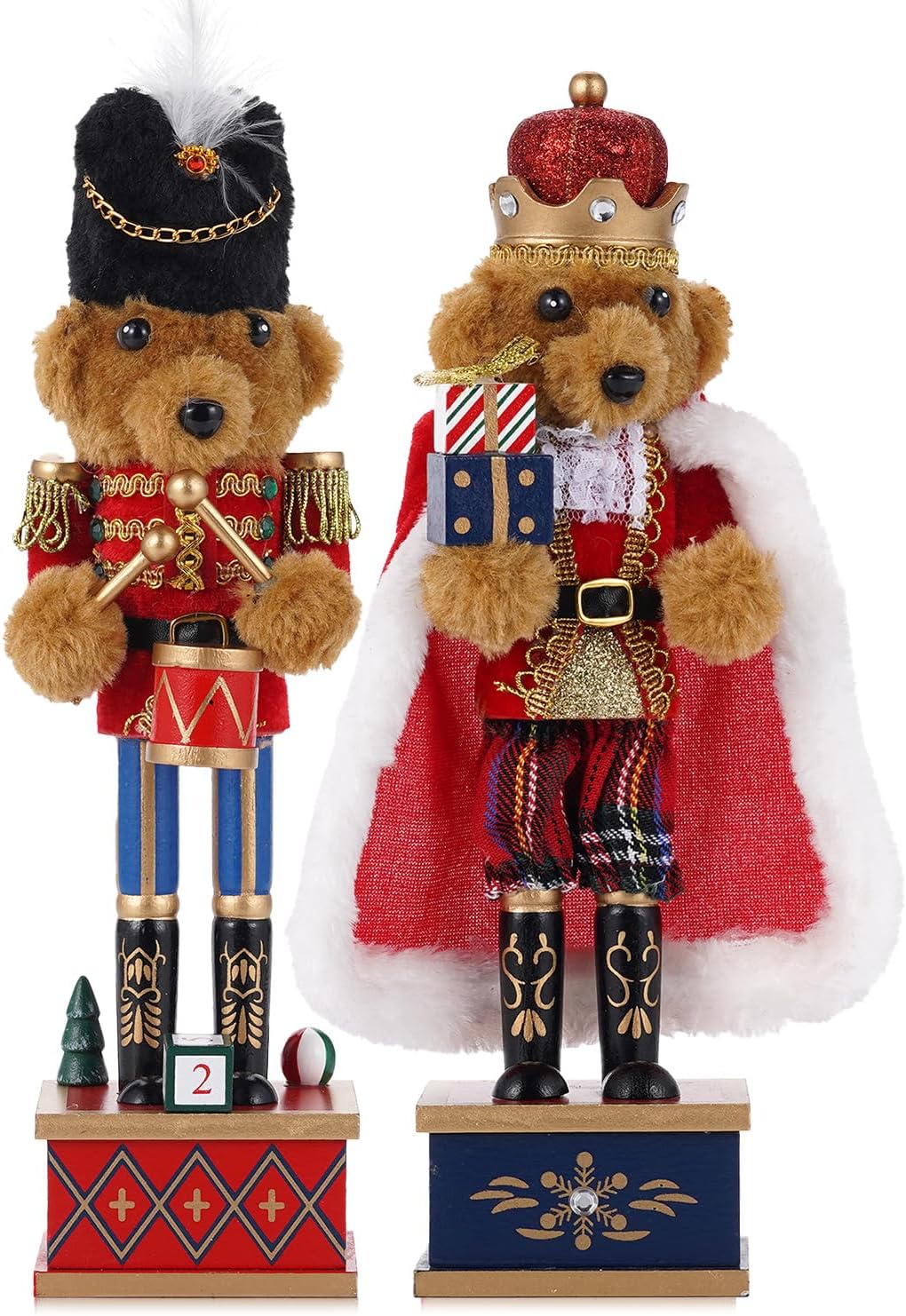 2 Pcs Wooden Christmas Decorations Nutcracker, 28CM/11 inch Traditional Nutcracker Figures,Festive Collectible Christmas Nutcracker Figures Party Tabletop Thanksgiving Decor (Bear Drummer & Bear King)
