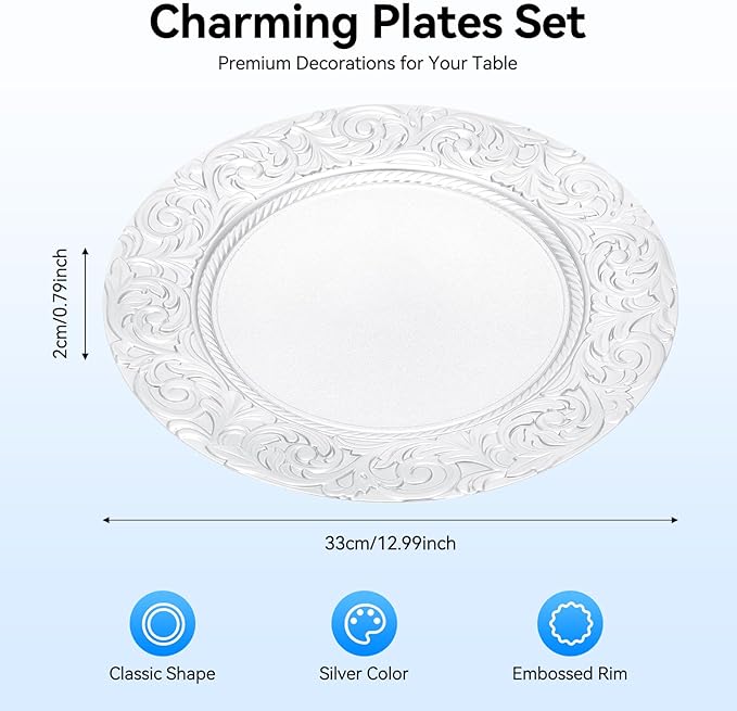 Antique Charger Plates Set, 100 Pcs 13in Plastic Embossed Dinner Plate, Round Phoenix Pattern Elegant Floral Plates for Dinner Wedding Party Event Table Setting Decoration (Silver)
