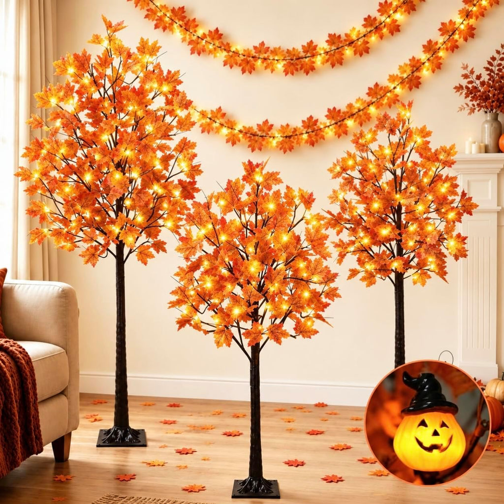 3Pcs Fall Trees Maple Tree with Lights 4Ft/5Ft/6Ft - Remote Control&Timer