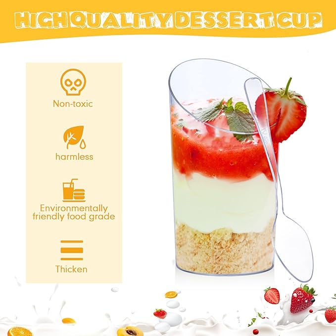 Nuogo 200 Pcs Mini Dessert Cups with Spoons Include 3 oz Square Plastic Appetizer Cups 2.5 oz Slanted Round Parfait Shooter Cup Small Clear Mousse Pudding Cup for Wedding Baby Shower Birthday Party (400 Pcs)