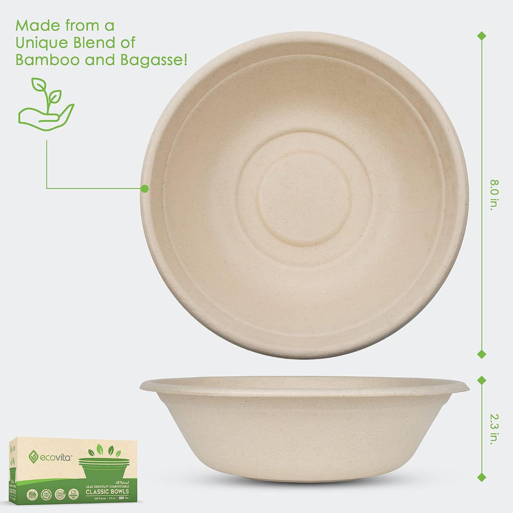 Ecovita 100% Compostable Paper Bowls [32 oz.] – 150 Disposable Bowls Eco Frie...