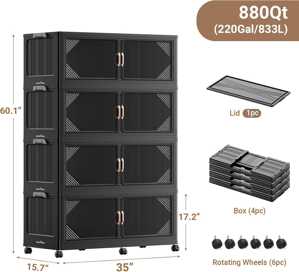 Broview V60 880QT Plastic Stackable Storage Bins with Lid, 4Pack Black