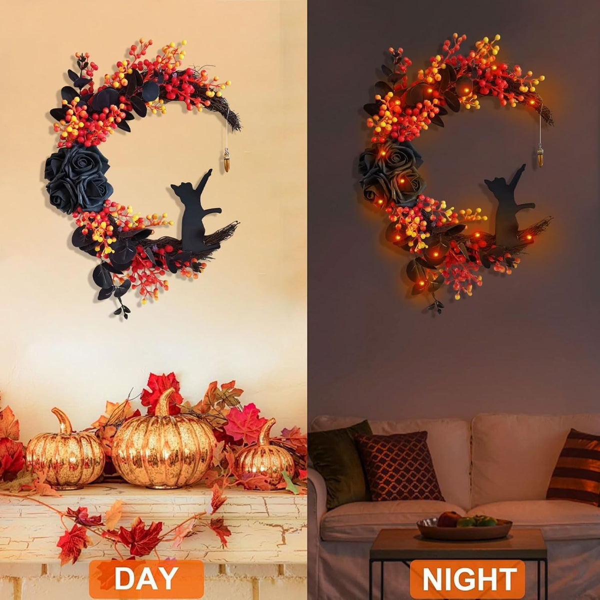 orange halloween wreath with lights, crescent moon cat, package contents
