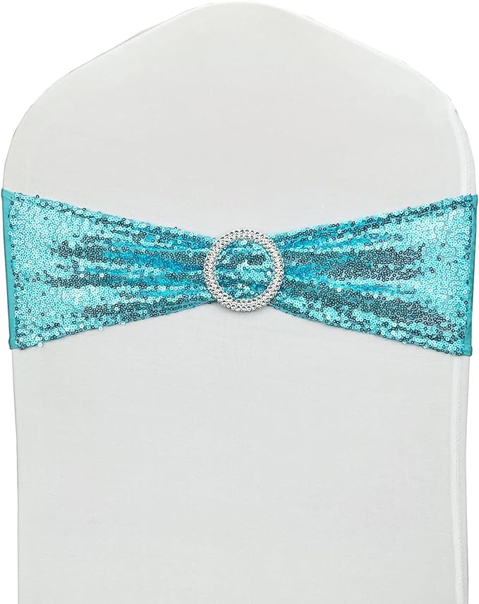 50 Pcs Sequin Chair Sashes Stretch Chair Bands Spandex Polyester Bows for Party Hotel Wedding Banquets Decoration - Aqua