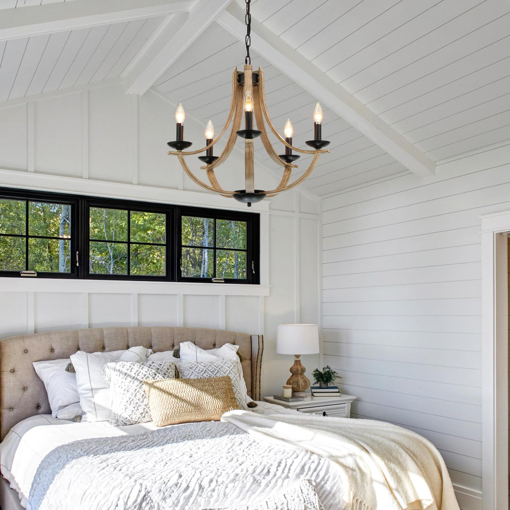 Farmhouse Chandeliers for Dining Room Light Fixture, 5-Light 24 inch Faux Woo...