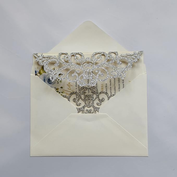 25PCS Silver Glitter Laser Cut Wedding Invitations Cards with Envelopes,Blank Inner Sheets,Ribbons for Wedding Bridal Shower Quinceañera Engagement Birthday Invites