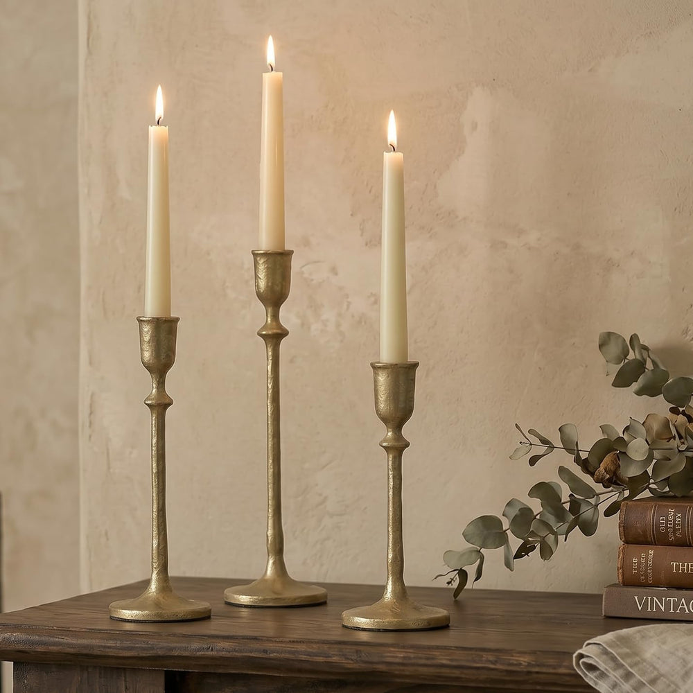 Antique Brass Gold Candlestick Holders Set of 3, Iron Taper Candle Holder