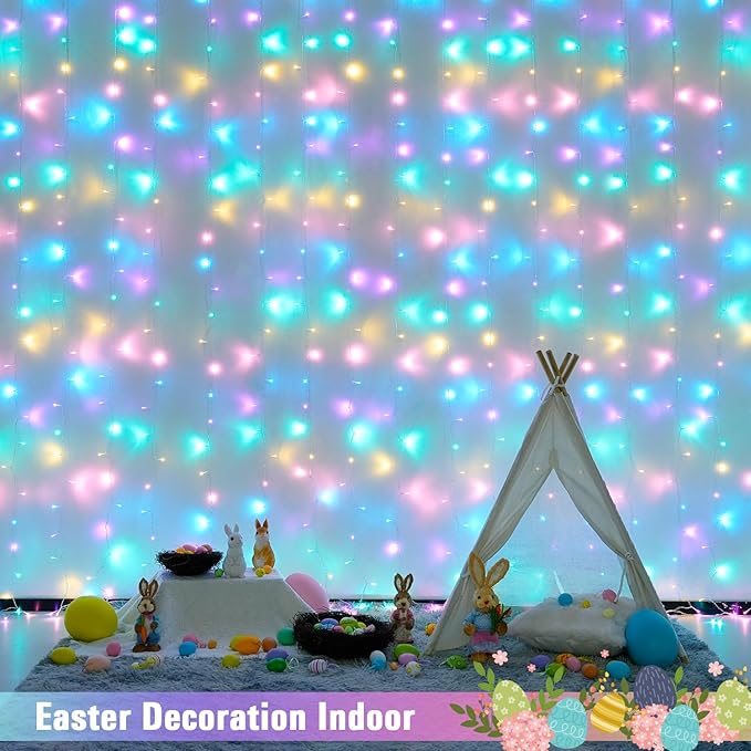 JMEXSUSS 300LED Easter Decorations Curtain Lights with Remote, 9.8x9.8ft Easter Sting Lights Plug in for Bedroom Wall Window Party Backdrop Porch Patio Garden Yard Indoor Outdoor Decor