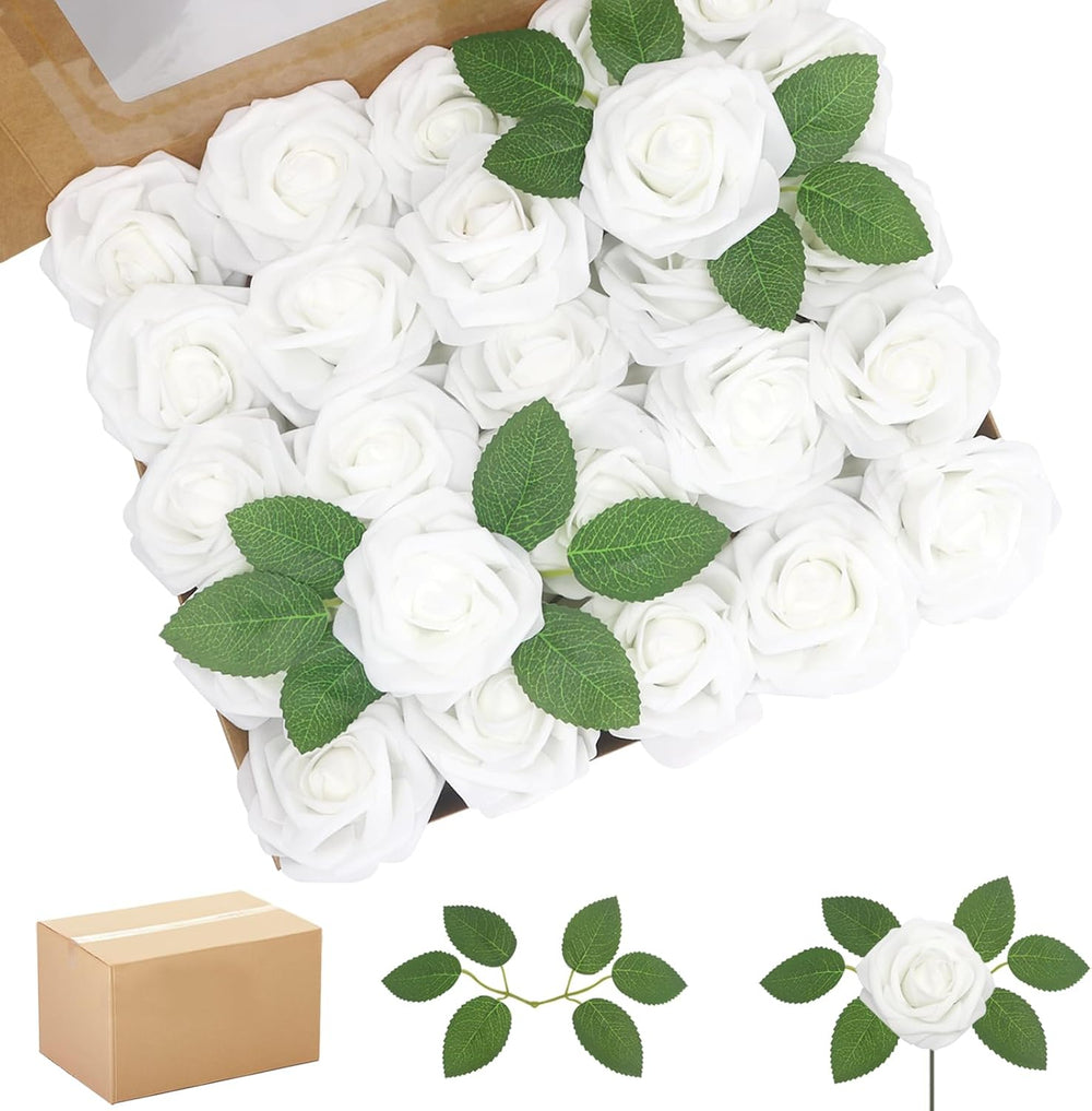 200PCS White Realistic Roses - Artificial Latex Foam Flowers with Bendable St...