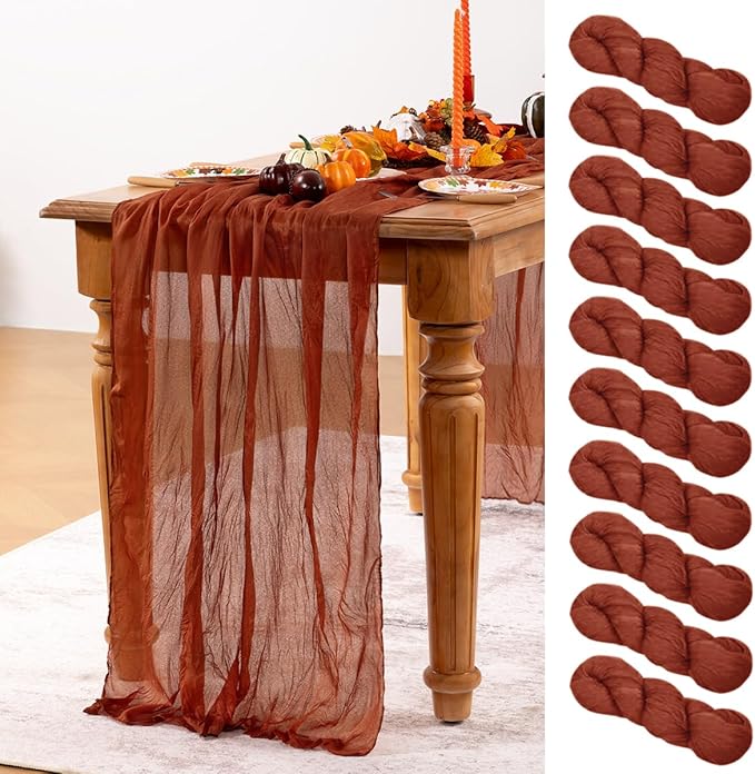 Terracotta Cheesecloth Table Runner 10 Pack Fall Burnt Orange Cheese Cloth Table Runners 120 Inches Rust Thanksgiving Fall Table Decorations for Friendsgiving Wedding Bridal Baby Shower Party