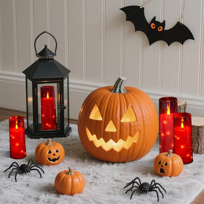 Raycare Flameless Candle with Remote Timer – 9 Flickering Acrylic Battery Operated LED Pillar Candles with Embedded Star String for Halloween, Home Decor, and as a Gift (Red) (9 Pcs)