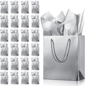 24 Pack Silver Gift Bags with Tissue Paper, Metallic Finish, Rope Handles